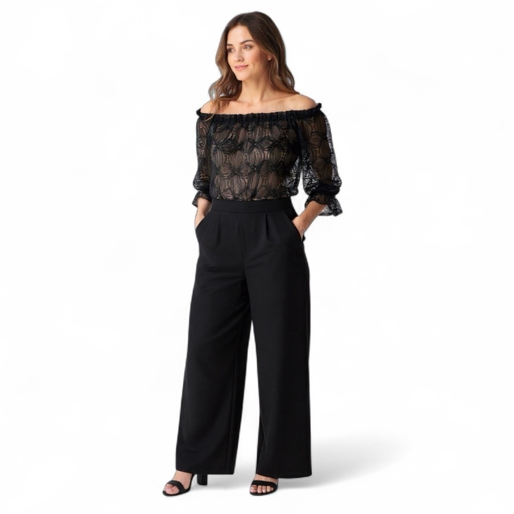 Ramy Brook NWT Sample Lace Sequin Satin Palazzo Jumpsuit Size Small Off Shoulder